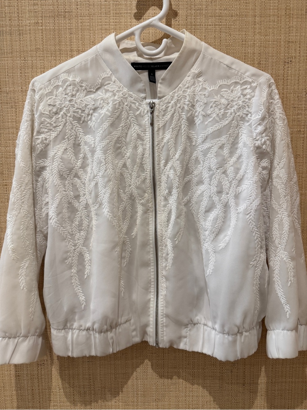 White House Black Market White Embroidered Bomber Jacket